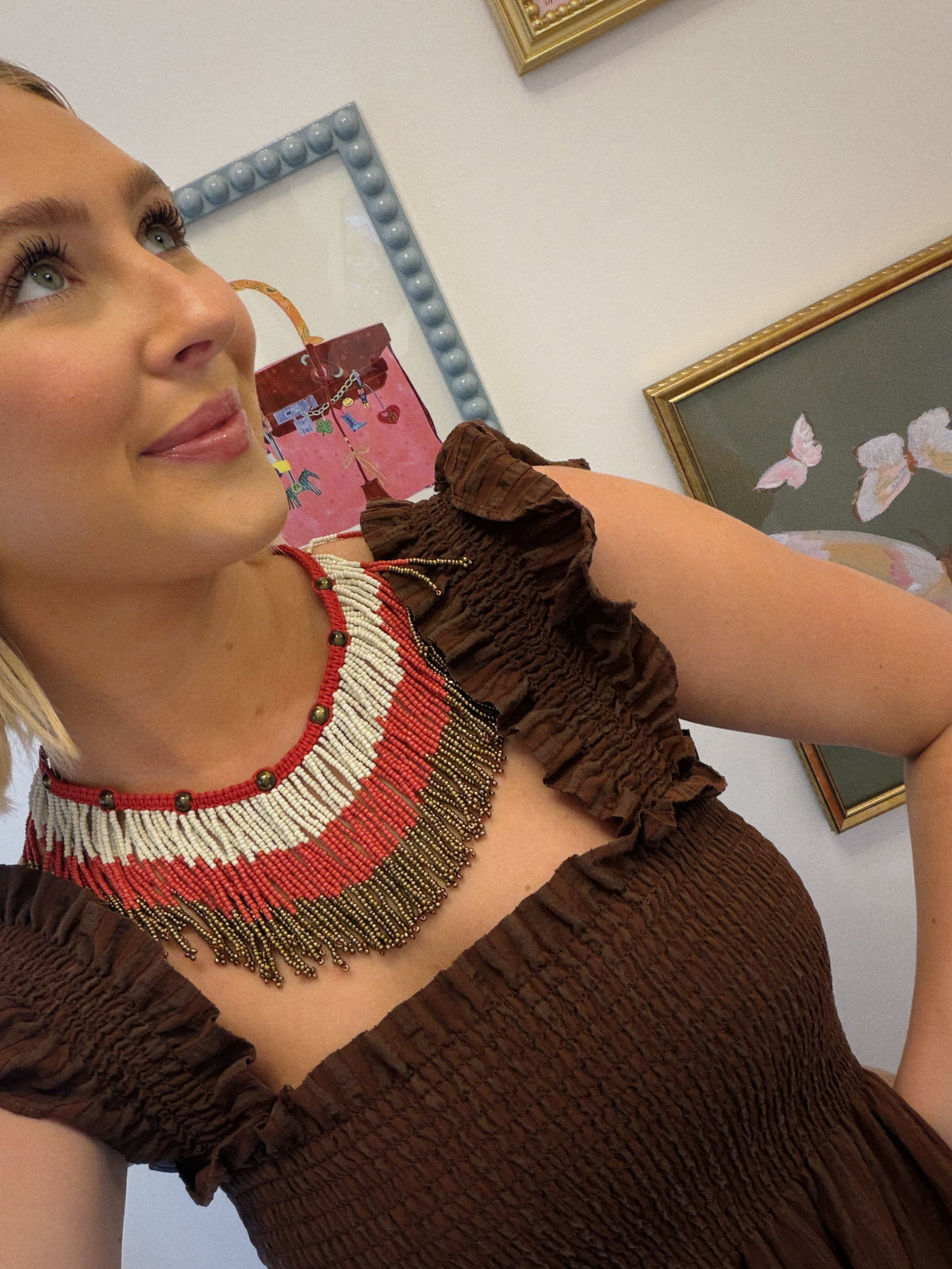 Fringe Beaded Necklace - Red
