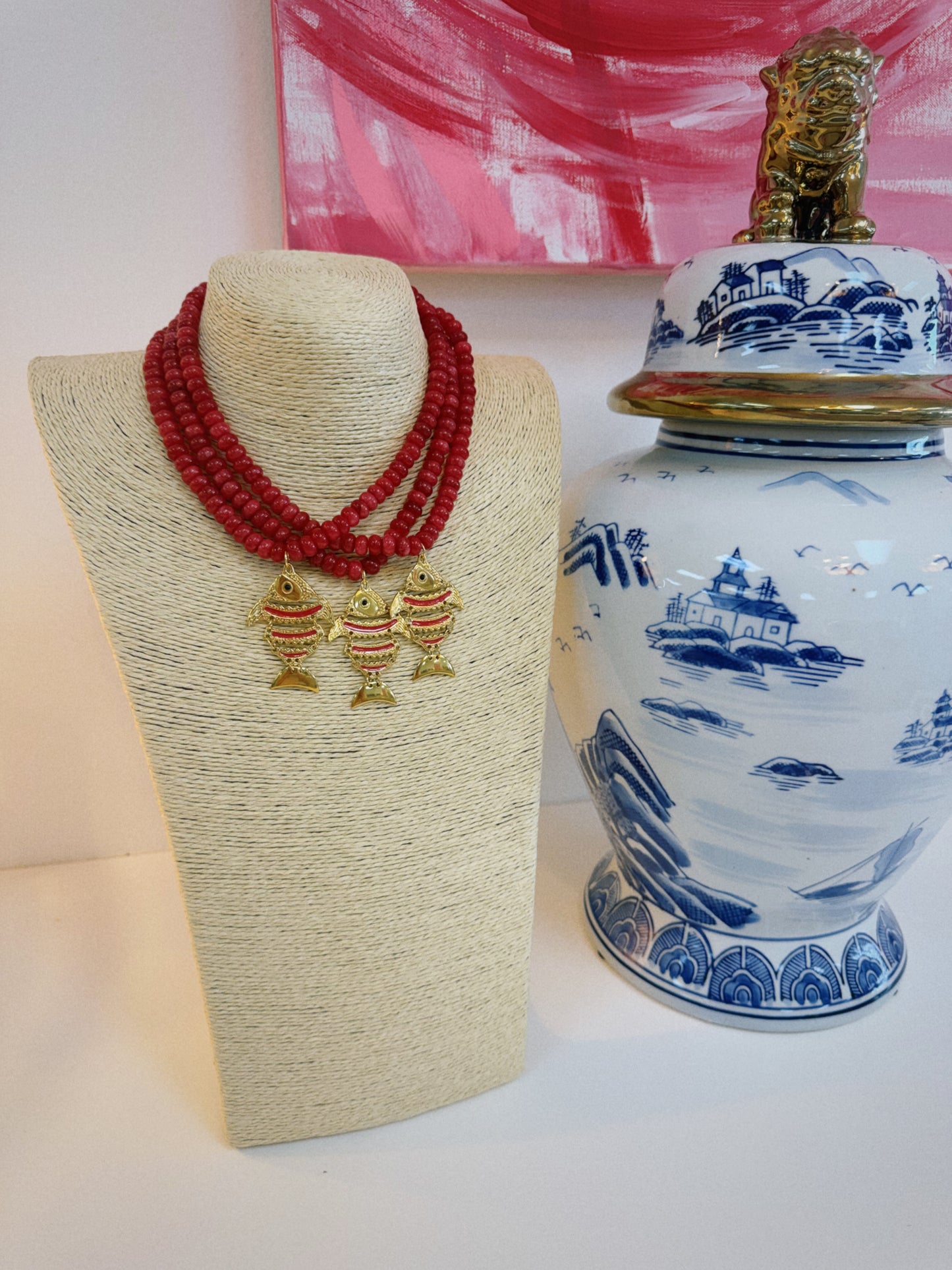 Red Beaded Fish Necklace