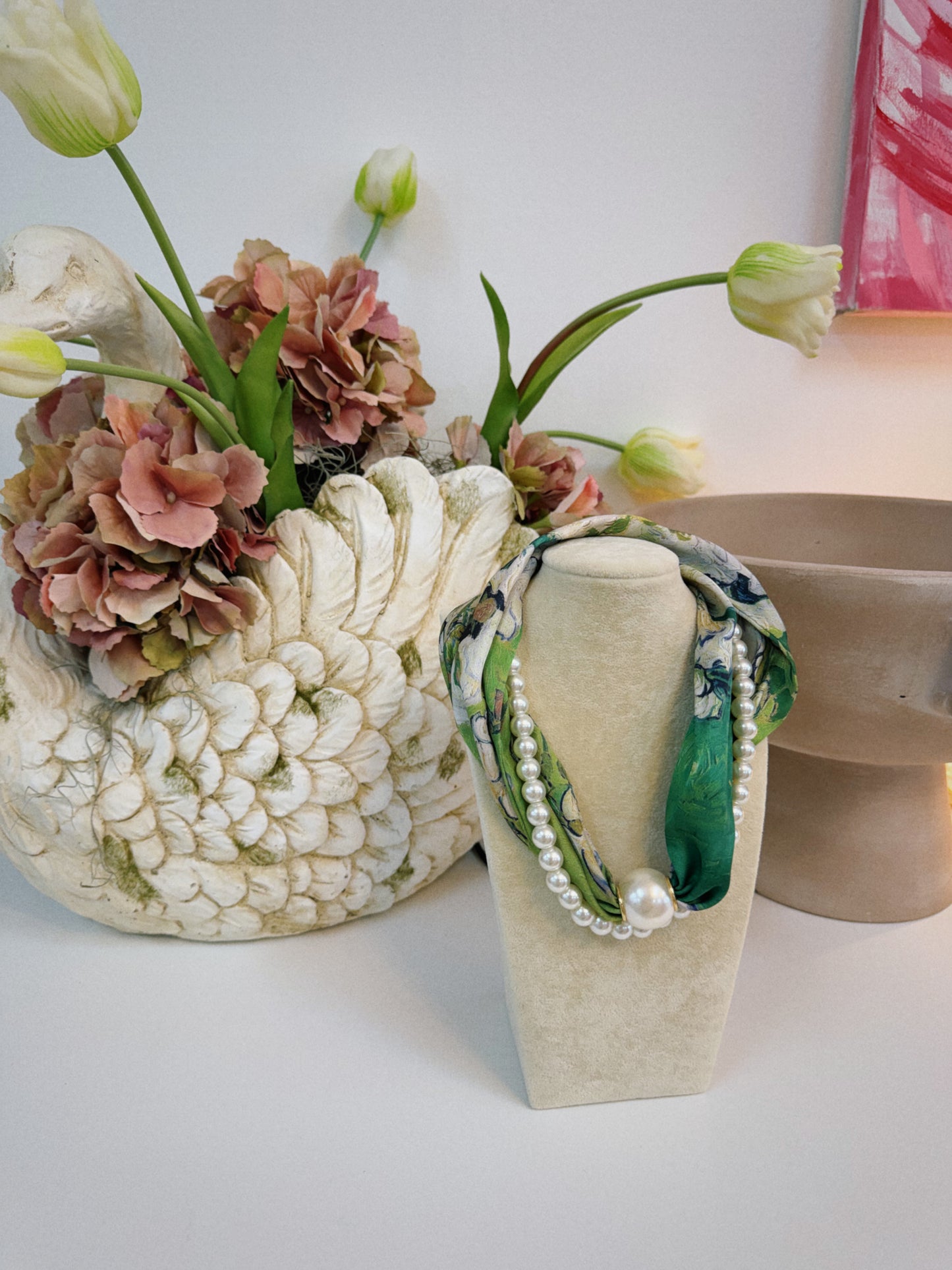 Dark Green & Pearl Scarf Necklace