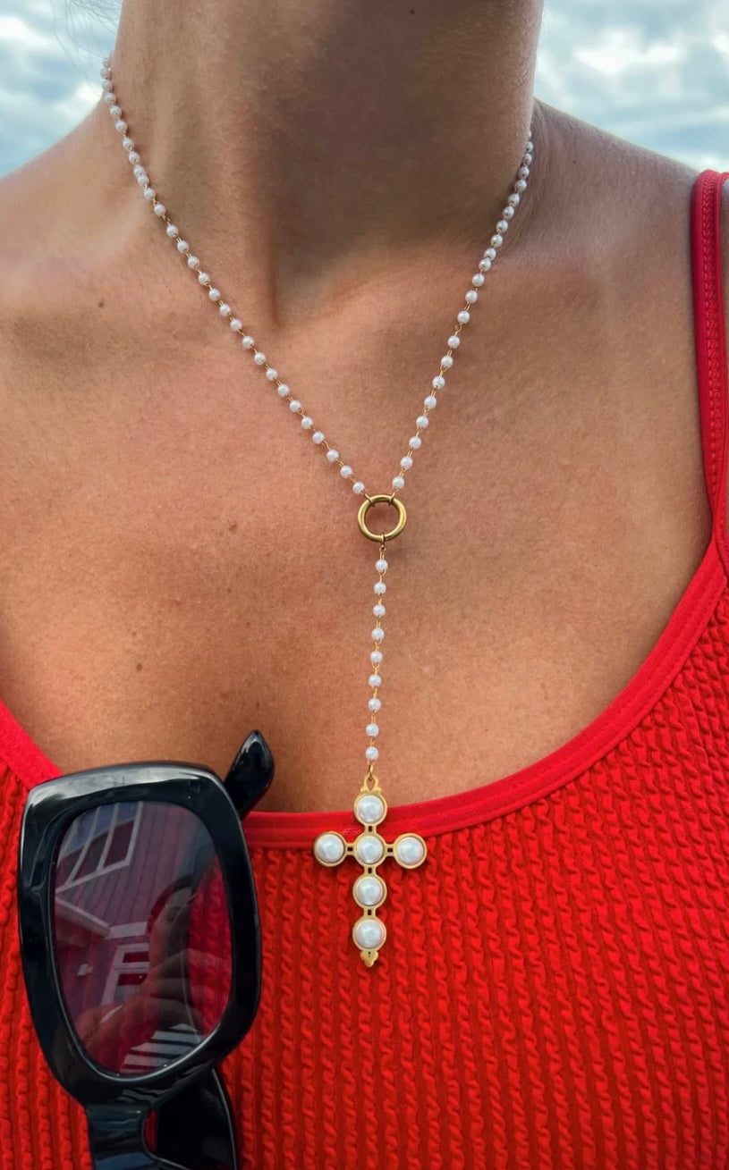 Lariat Pearl Cross Necklace