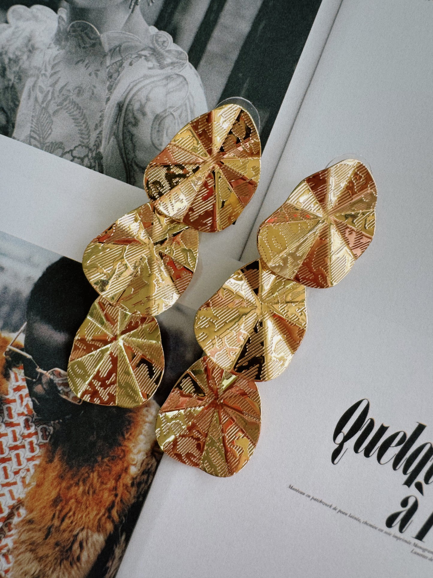 Linked Angular Textured Metal Drop Earrings