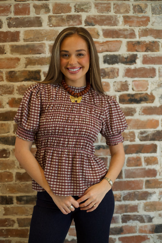 Lovely Plaid Top - Burgundy