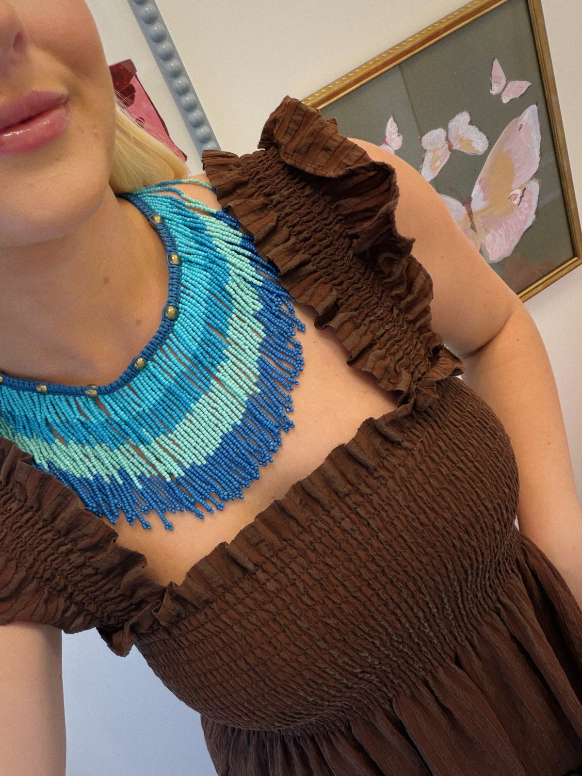 Fringe Beaded Necklace - Blue