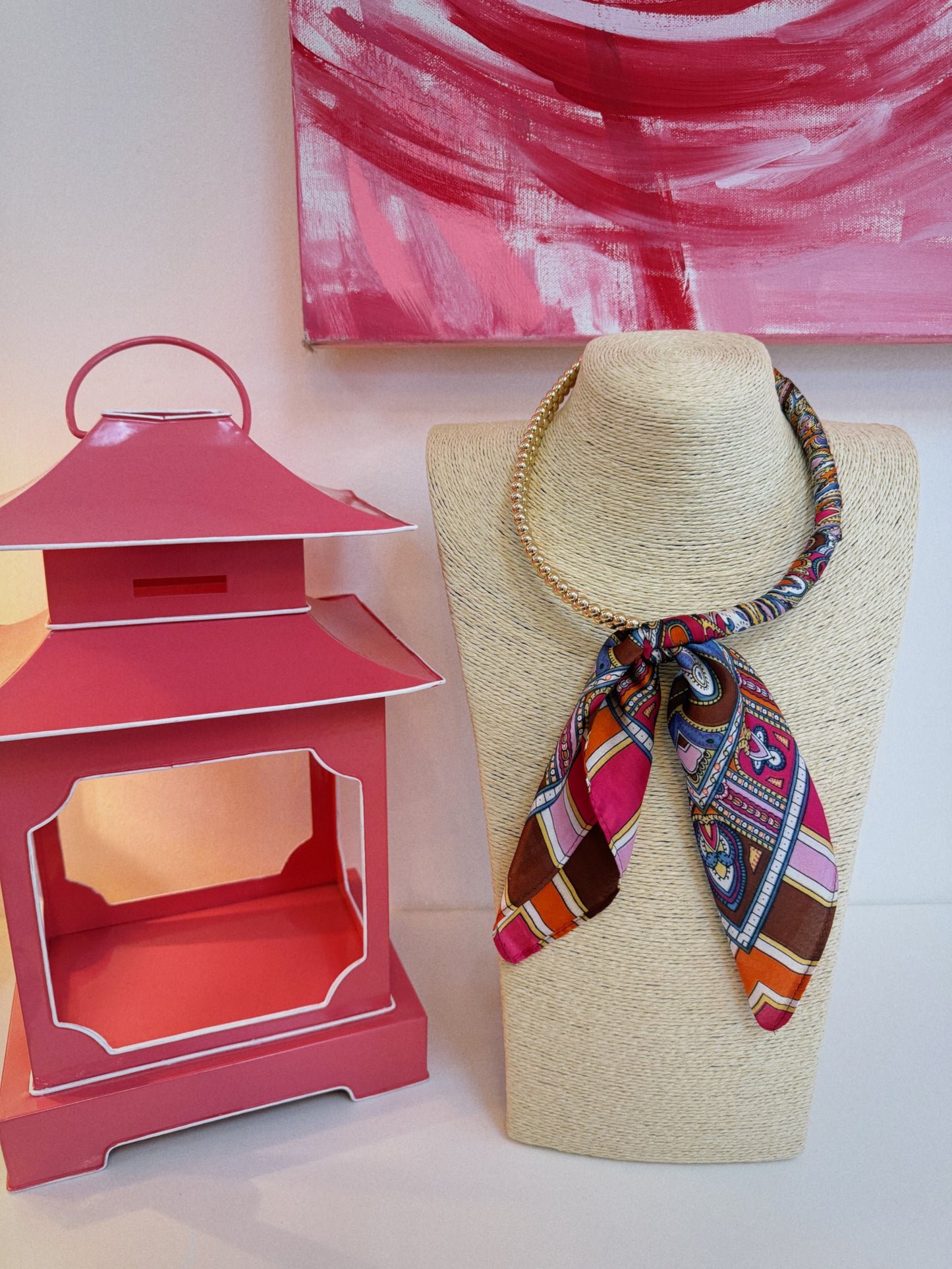 Scarf & Styled Necklace - Pink & Brown