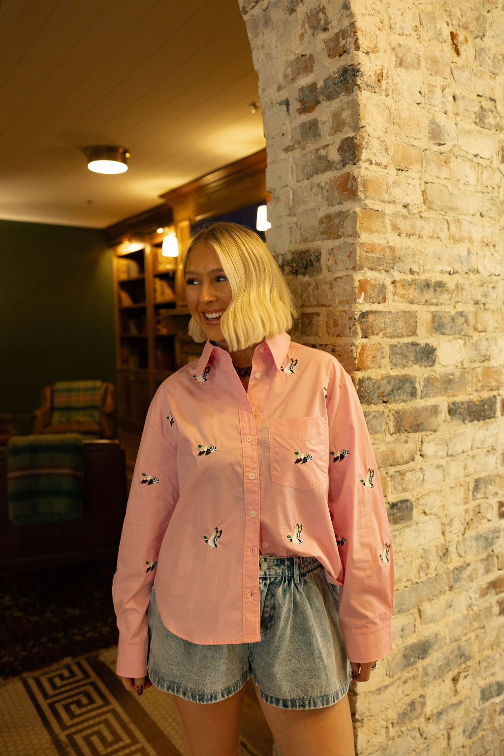 Duck Embroidered Button Up - Bubble Gum Pink