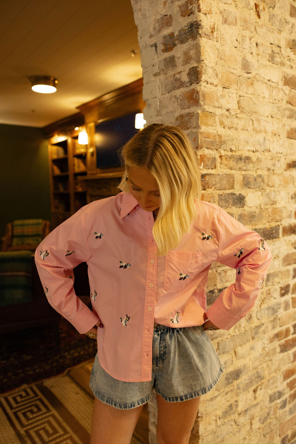 Duck Embroidered Button Up - Bubble Gum Pink