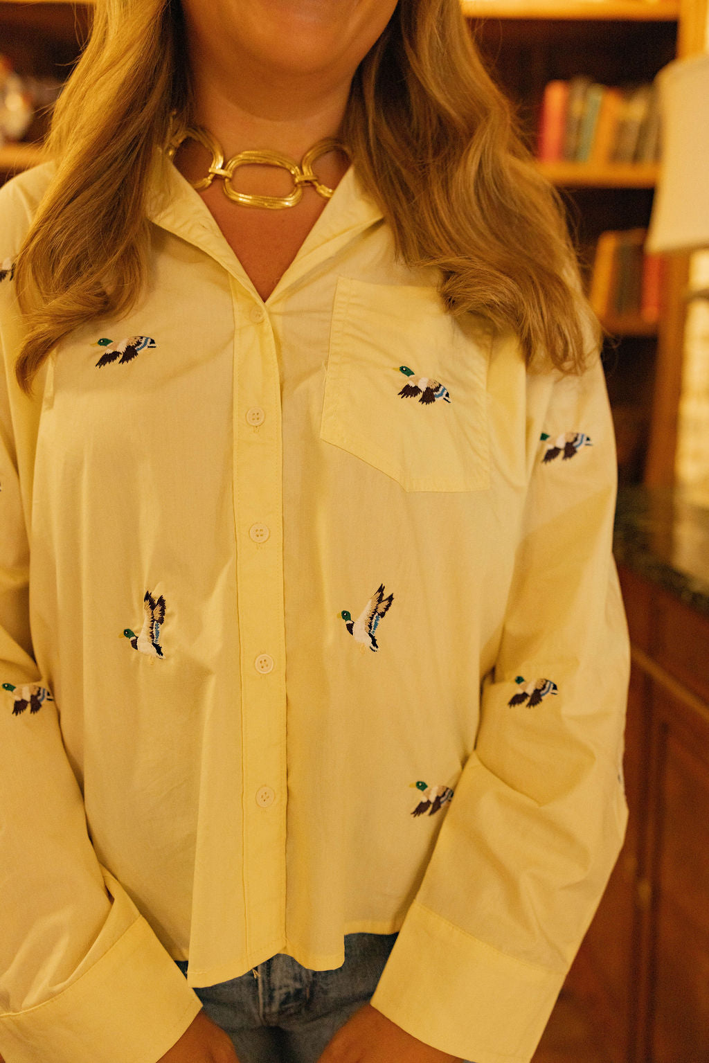 Duck Embroidered Button Up - Butter Cream Yellow