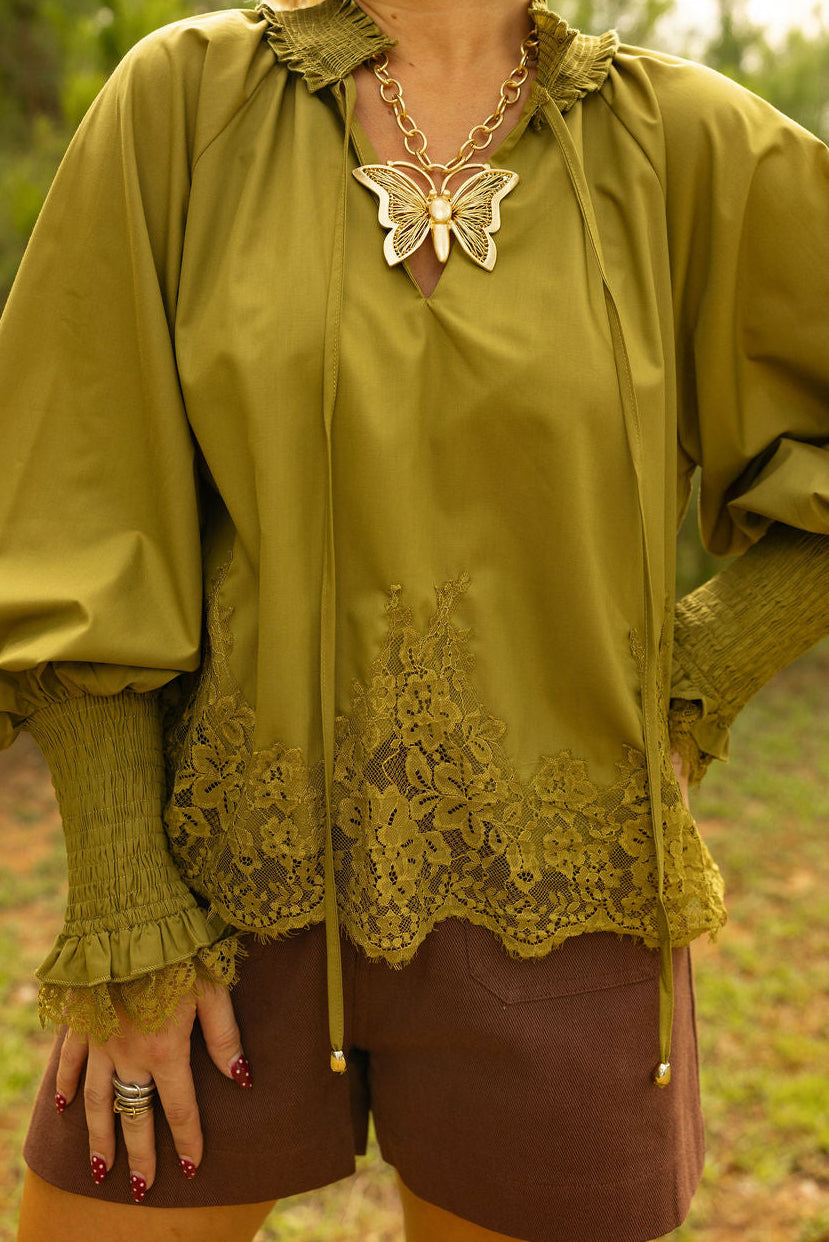 Lovely in Lace Blouse - Olive