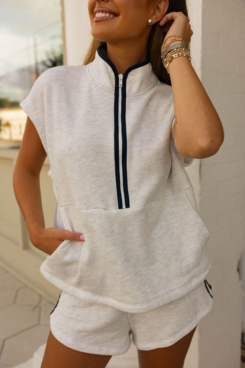 Navy & Gray Terry Cloth Half Zip