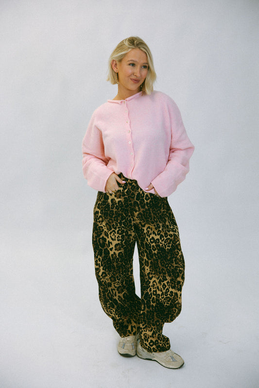 Washed Leopard Printed Barrel Jeans