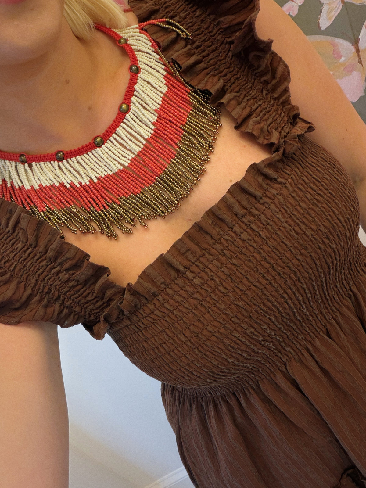 Fringe Beaded Necklace - Red
