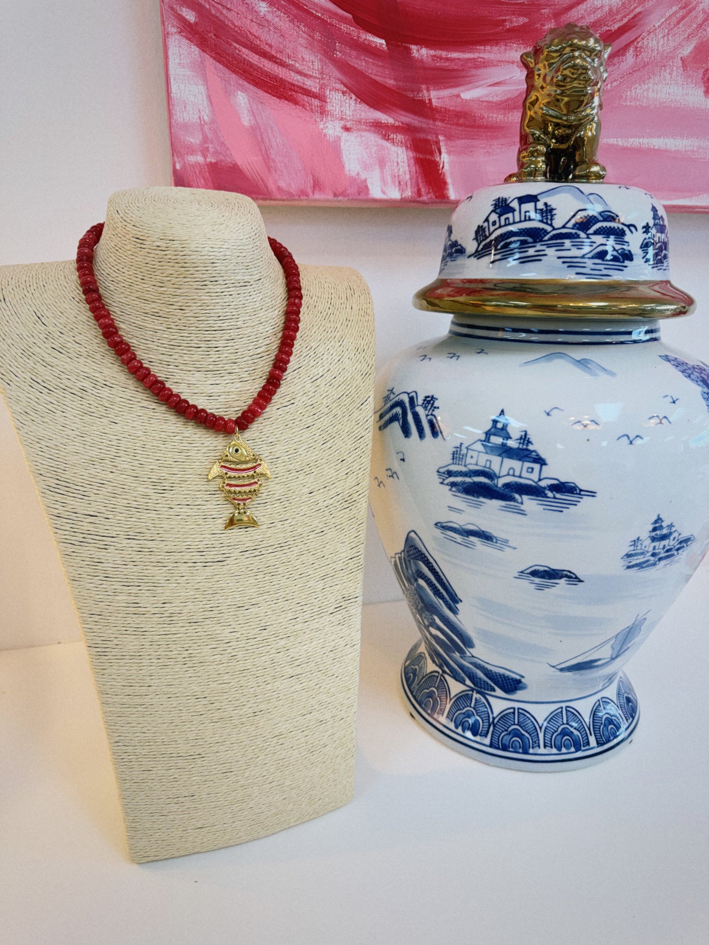 Red Beaded Fish Necklace