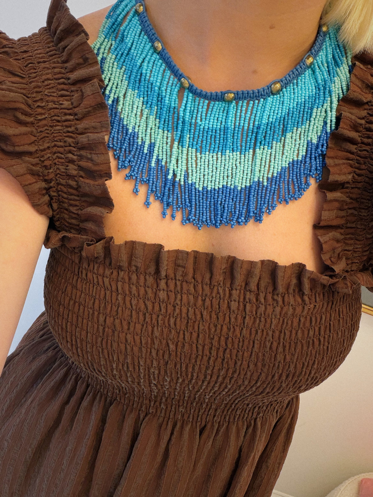 Fringe Beaded Necklace - Blue