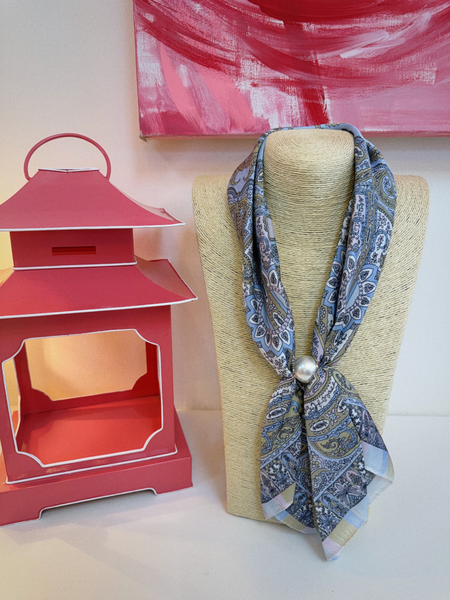 Long Pearl Scarf Necklace - Blue Bandana Print