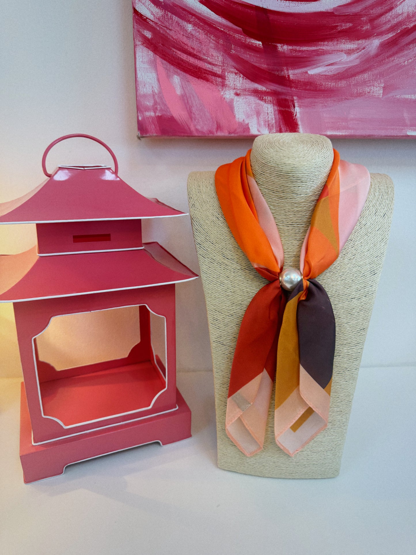 Long Pearl Scarf Necklace - Orange Combo