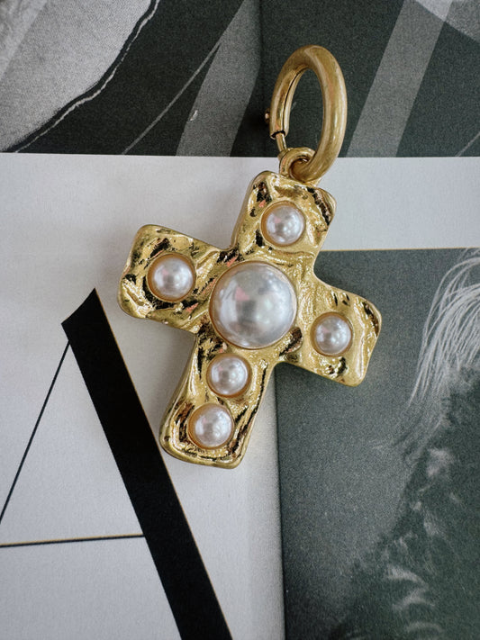 Pave Pearl Cross Charm