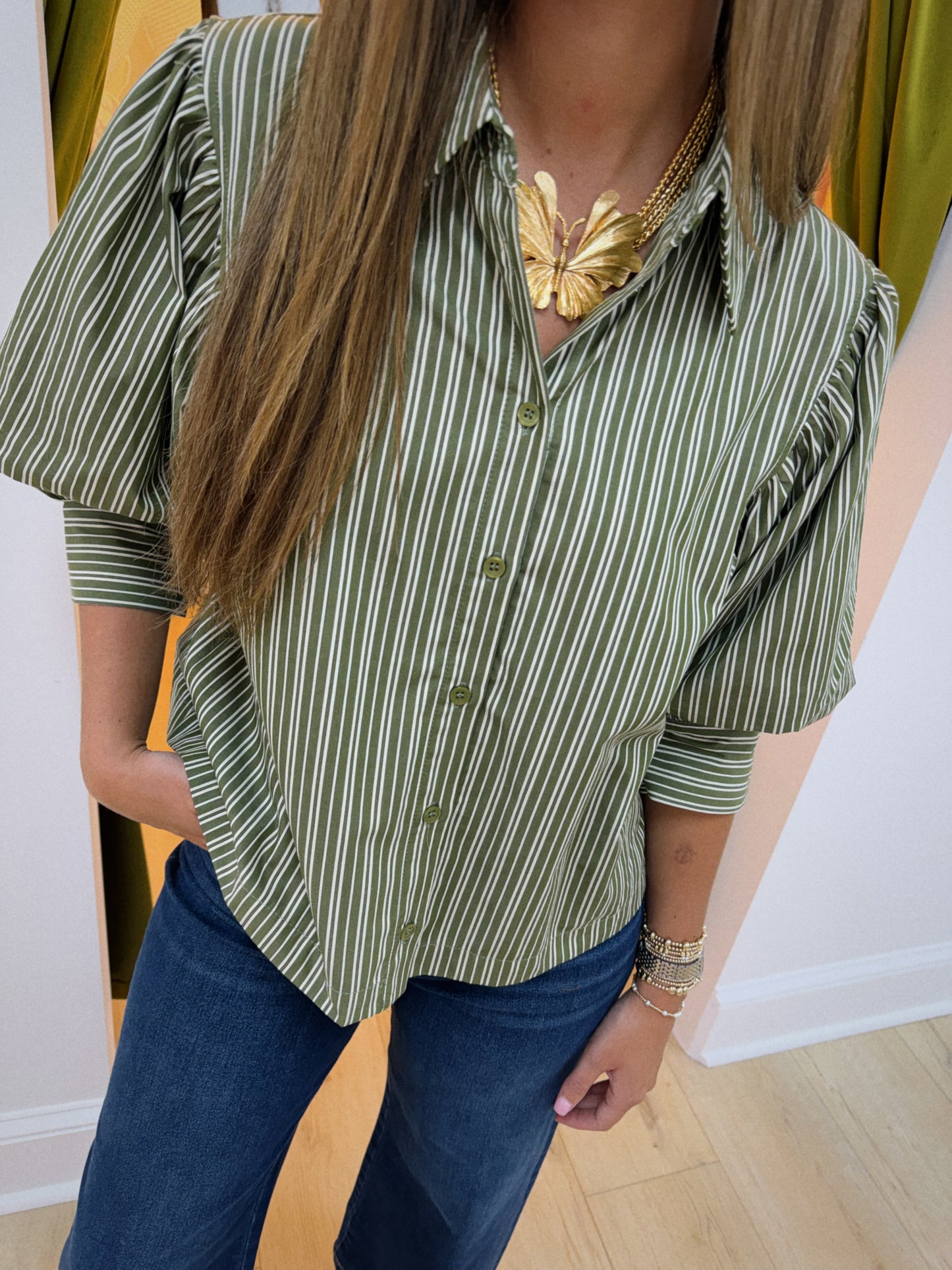 The Avery Stripe Blouse - Olive