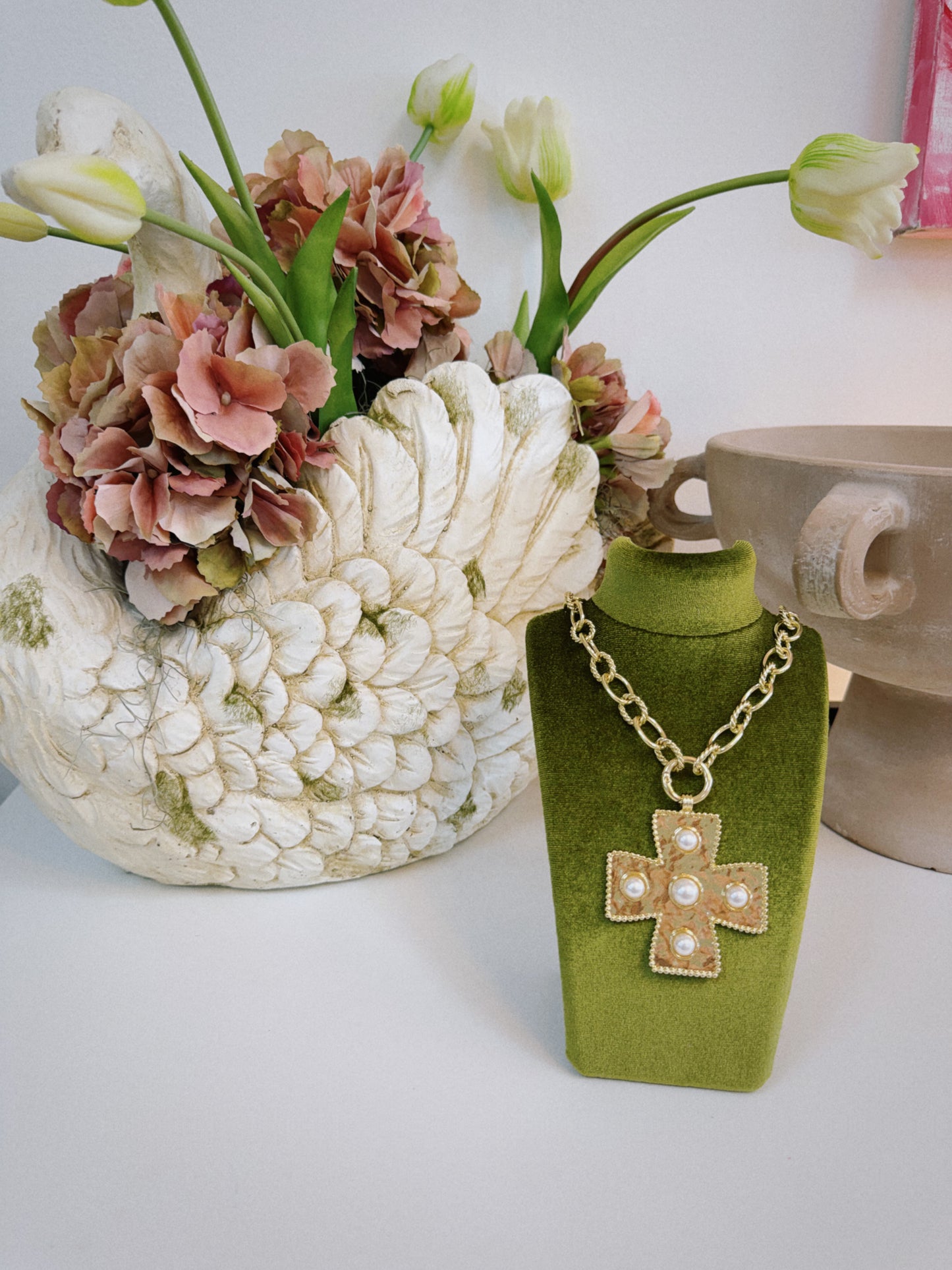Statement Pearl Cross Necklace