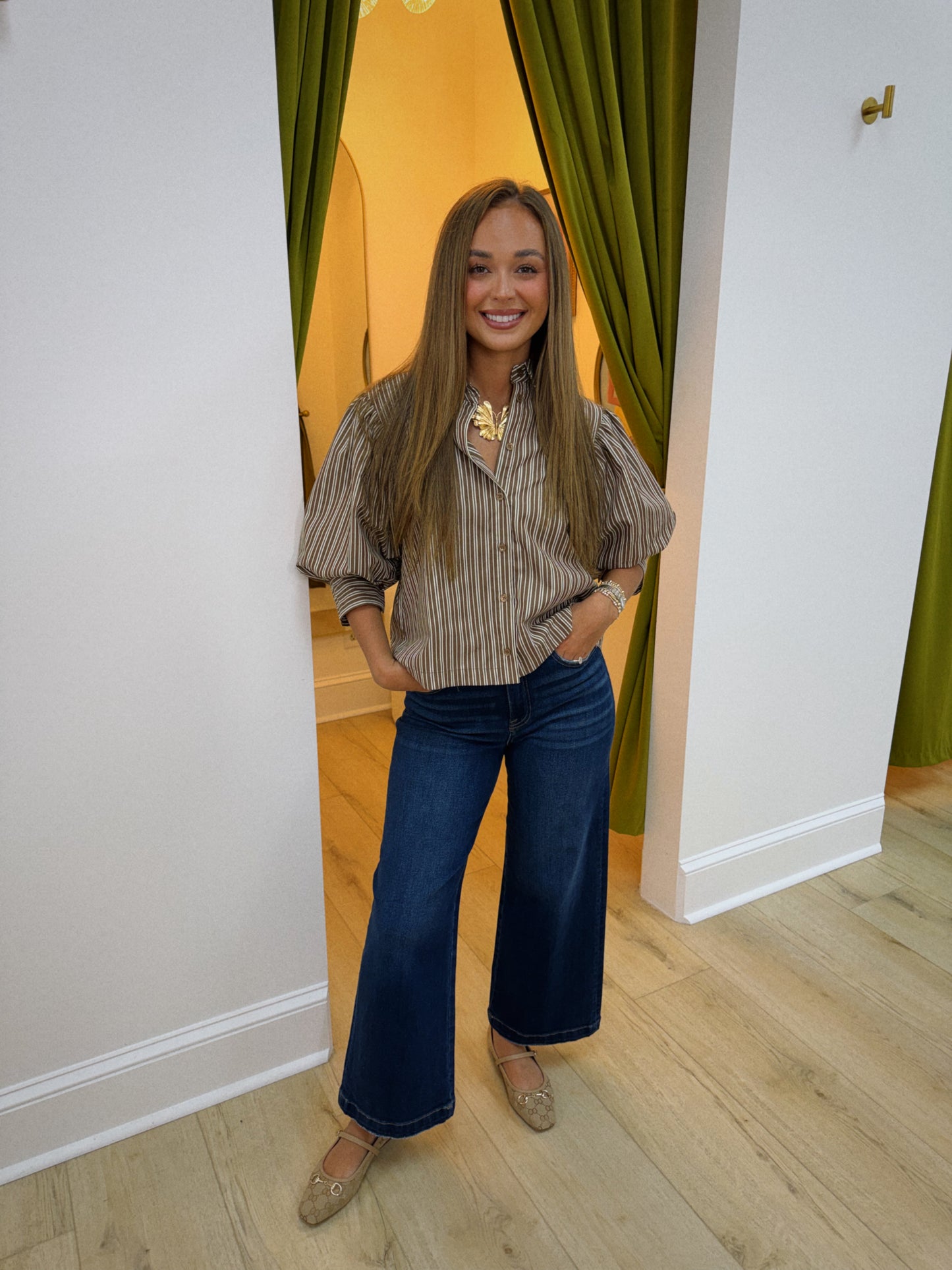 The Avery Stripe Blouse - Brown