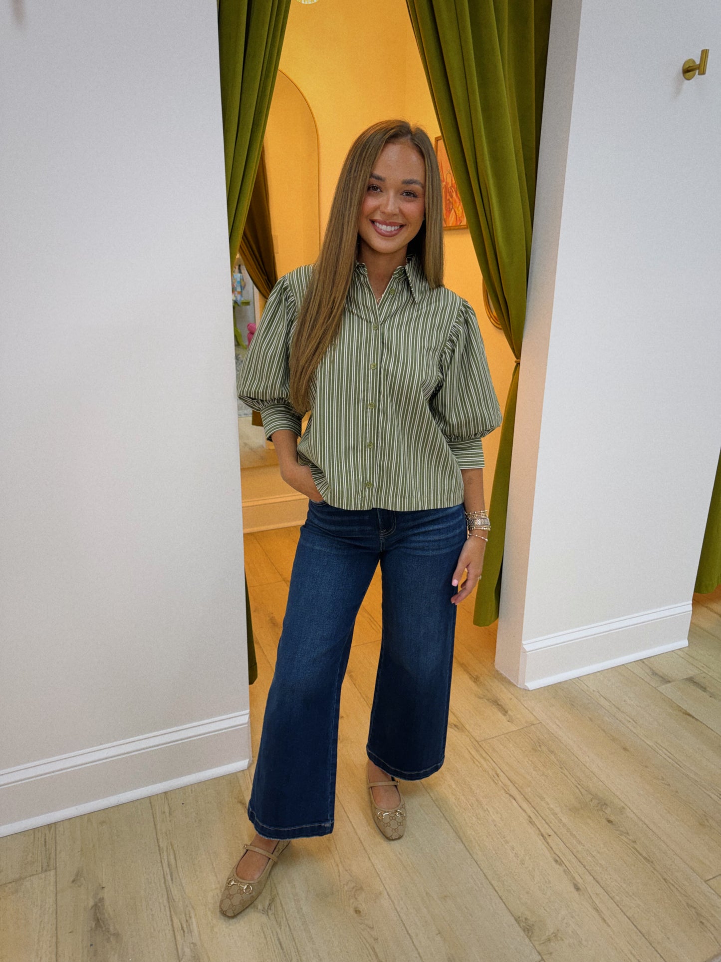 The Avery Stripe Blouse - Olive