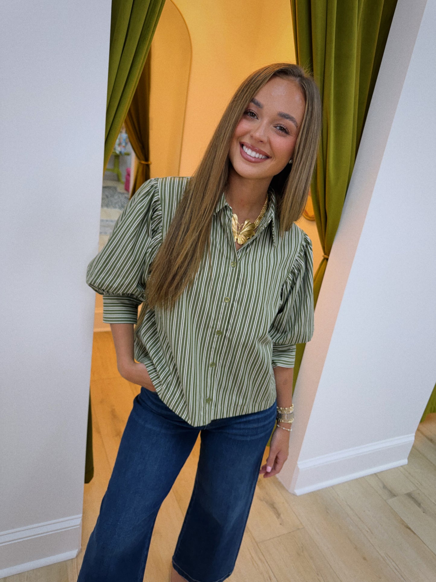 The Avery Stripe Blouse - Olive