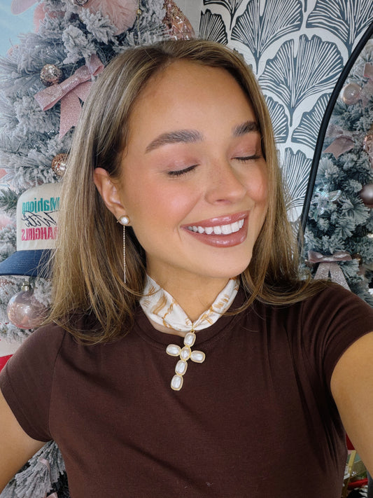 Graceful Cross & Pearl Scarf Necklace - Orange