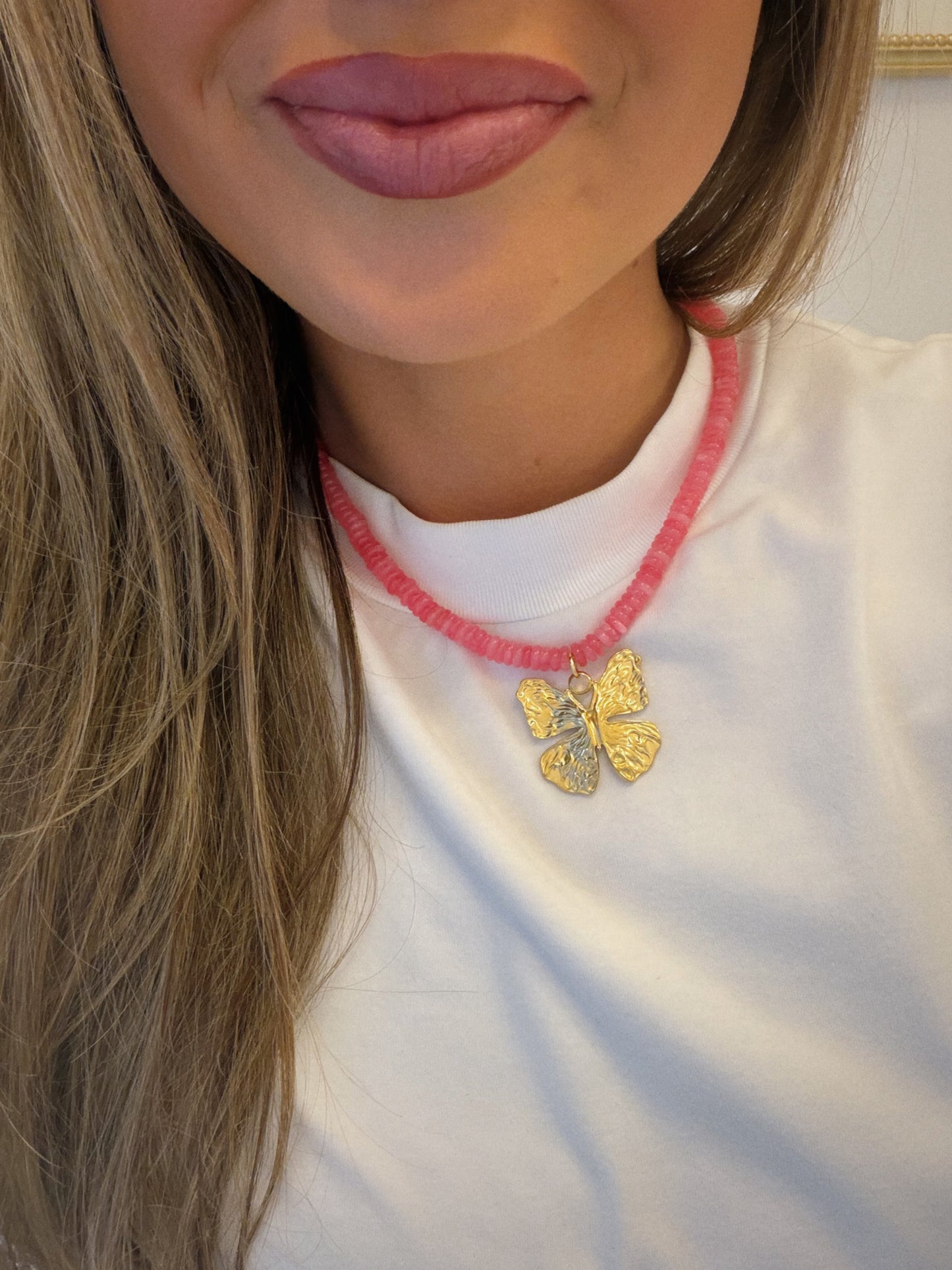 Pink Butterfly Beaded Necklace